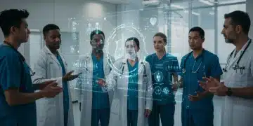 Healthcare professionals interacting with AI medical diagnostic technology