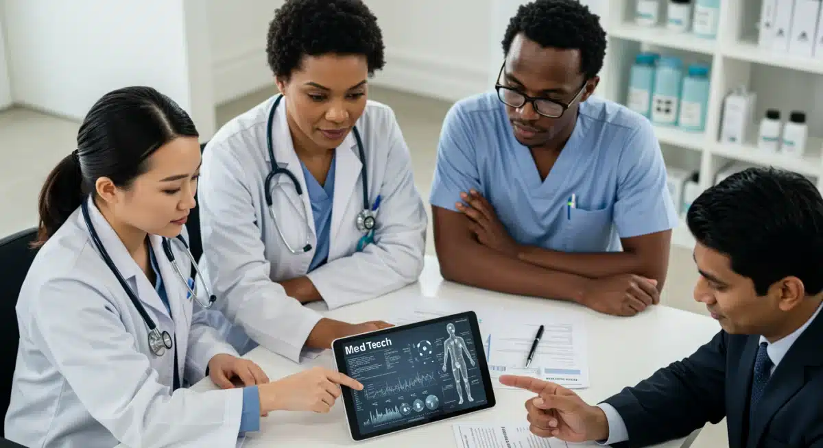 Healthcare professionals reviewing MedTech regulations and data on a tablet.
