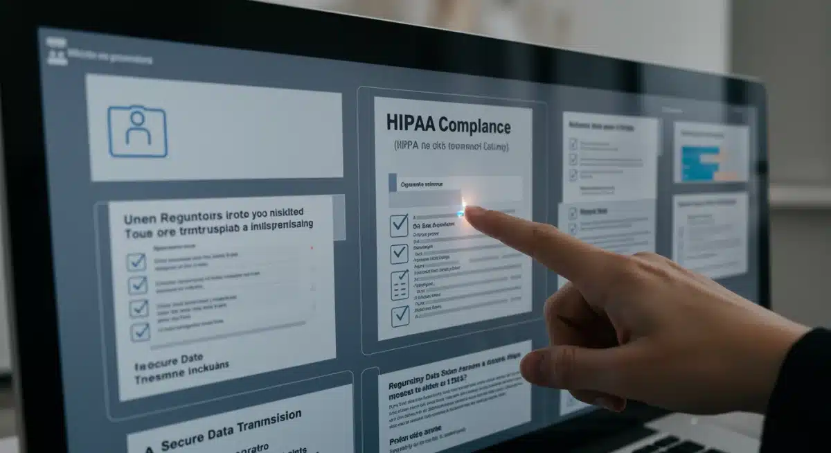 Digital screen showing a HIPAA compliance checklist for telemedicine data security.