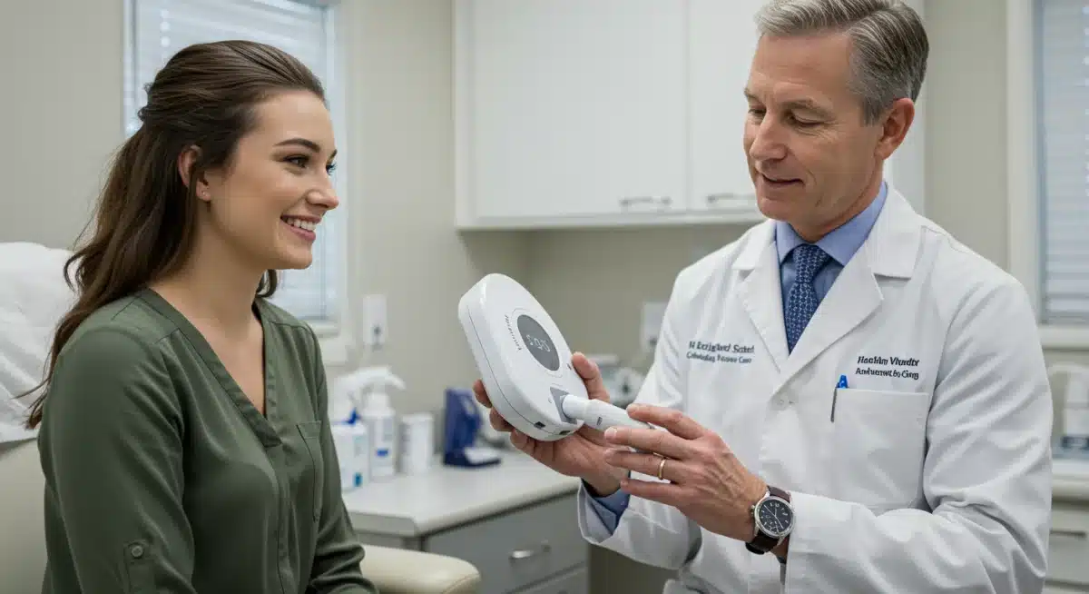 Doctor demonstrating innovative medical device to a smiling patient.