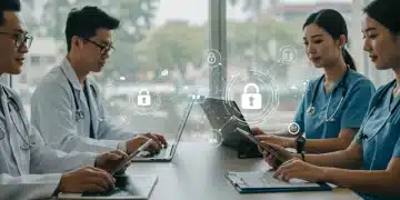 Healthcare professionals collaborating virtually, emphasizing secure telemedicine and HIPAA compliance.