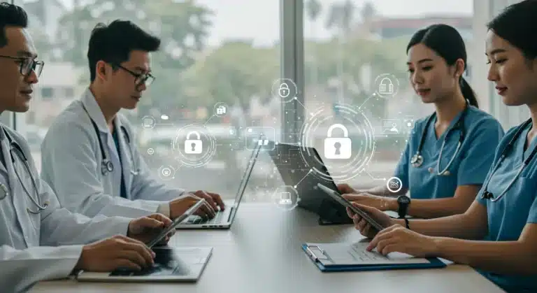 Healthcare professionals collaborating virtually, emphasizing secure telemedicine and HIPAA compliance.