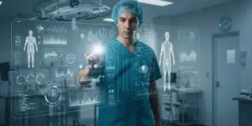 Futuristic AI medical device being used by a doctor in a modern hospital setting
