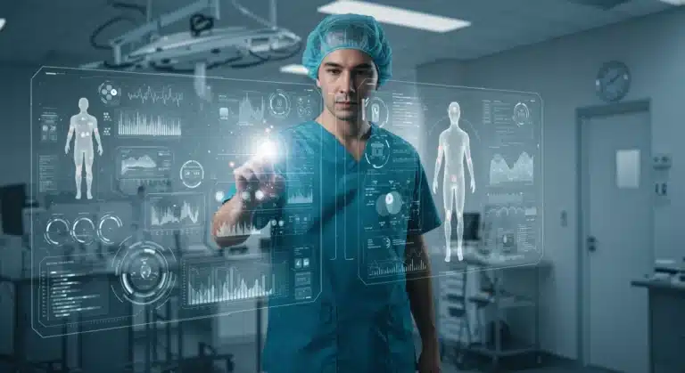 Futuristic AI medical device being used by a doctor in a modern hospital setting