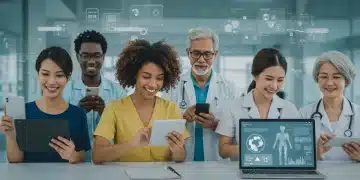 People interacting with digital health technology for benefits enrollment