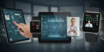 Digital health professionals collaborating with advanced technology, showcasing data analysis and telemedicine in a modern healthcare setting.