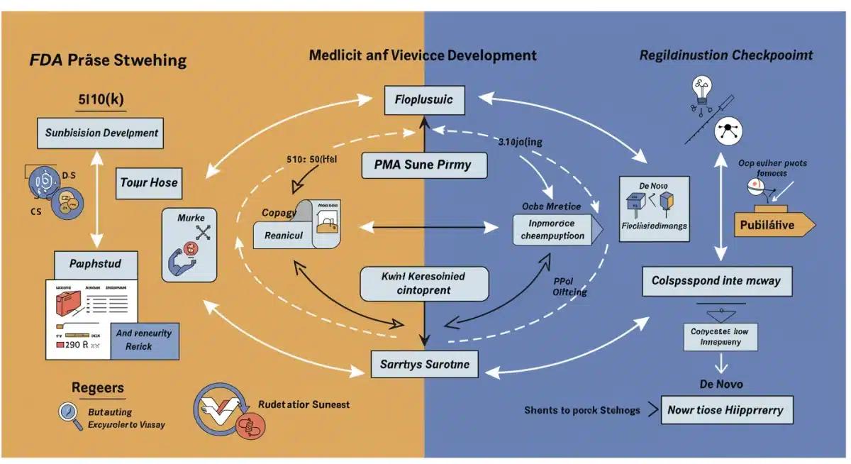 Infographic showing FDA medical device submission pathways and key regulatory stages