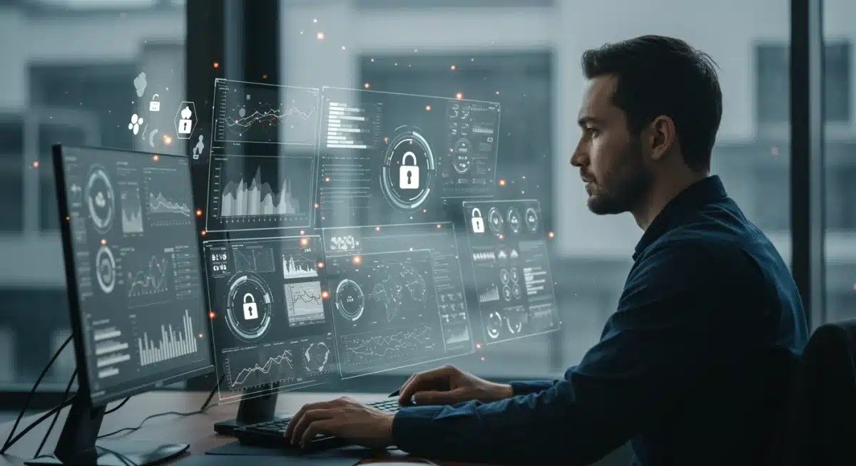 Healthcare data analyst reviewing complex patient data and cybersecurity protocols on multiple screens.