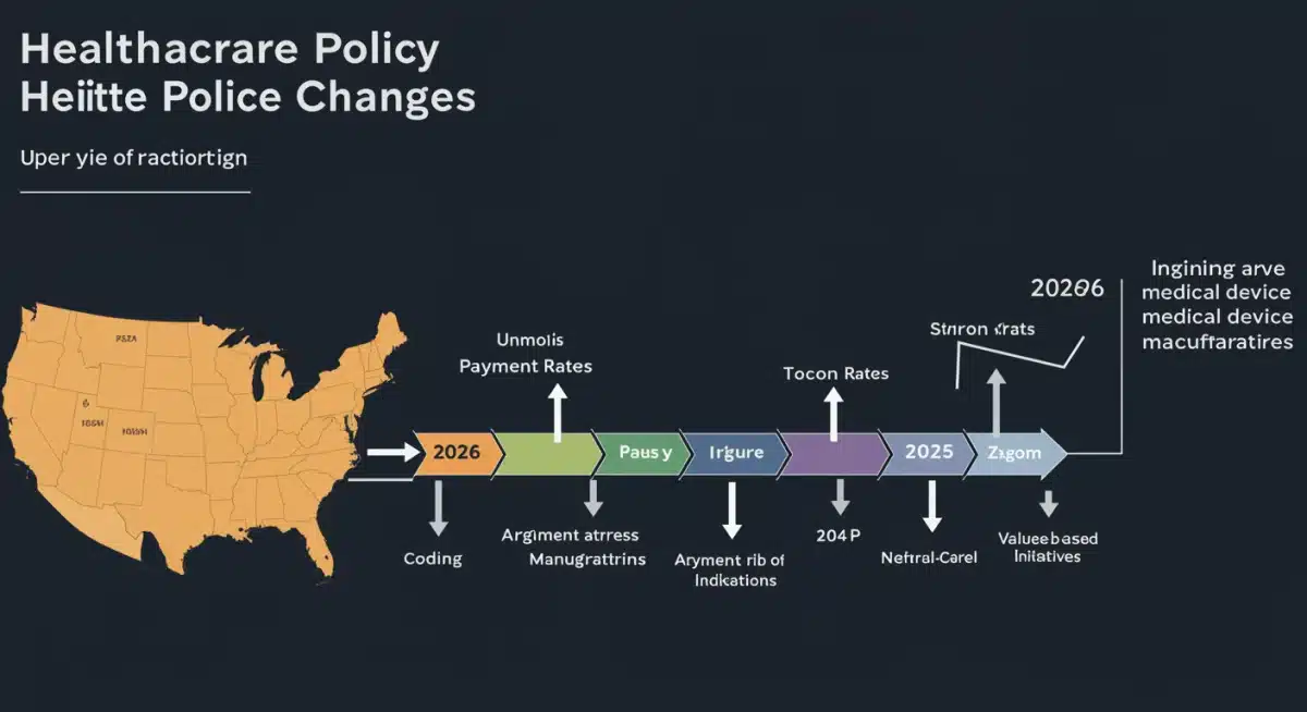 Infographic showing a timeline of healthcare policy changes with a focus on 2026, illustrating impacts on MedTech coding and payment rates.