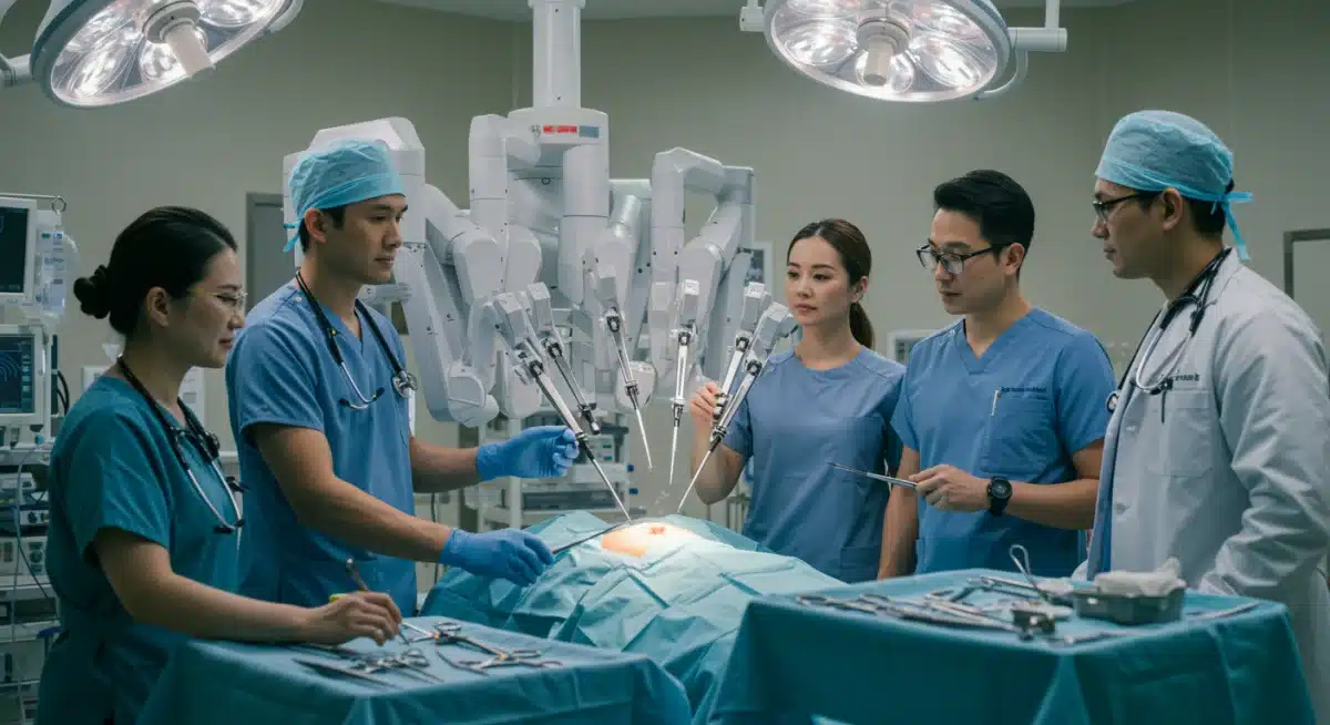 Healthcare team working with an AI-powered surgical robot in an operating room