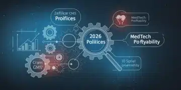 Complex gears and data streams representing MedTech reimbursement strategies under 2026 CMS policies, with a magnifying glass for detailed analysis.