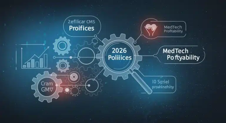 Complex gears and data streams representing MedTech reimbursement strategies under 2026 CMS policies, with a magnifying glass for detailed analysis.