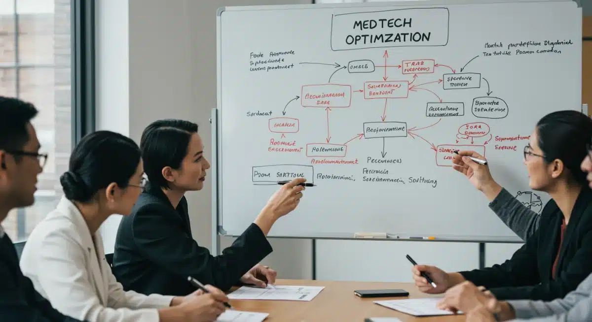 Team of professionals collaborating on a whiteboard, strategizing MedTech reimbursement optimization and financial projections.