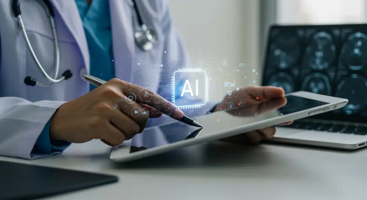 Doctor analyzing AI-generated medical insights on a tablet