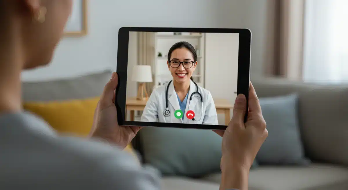 Telehealth consultation on a tablet, showcasing virtual doctor visits