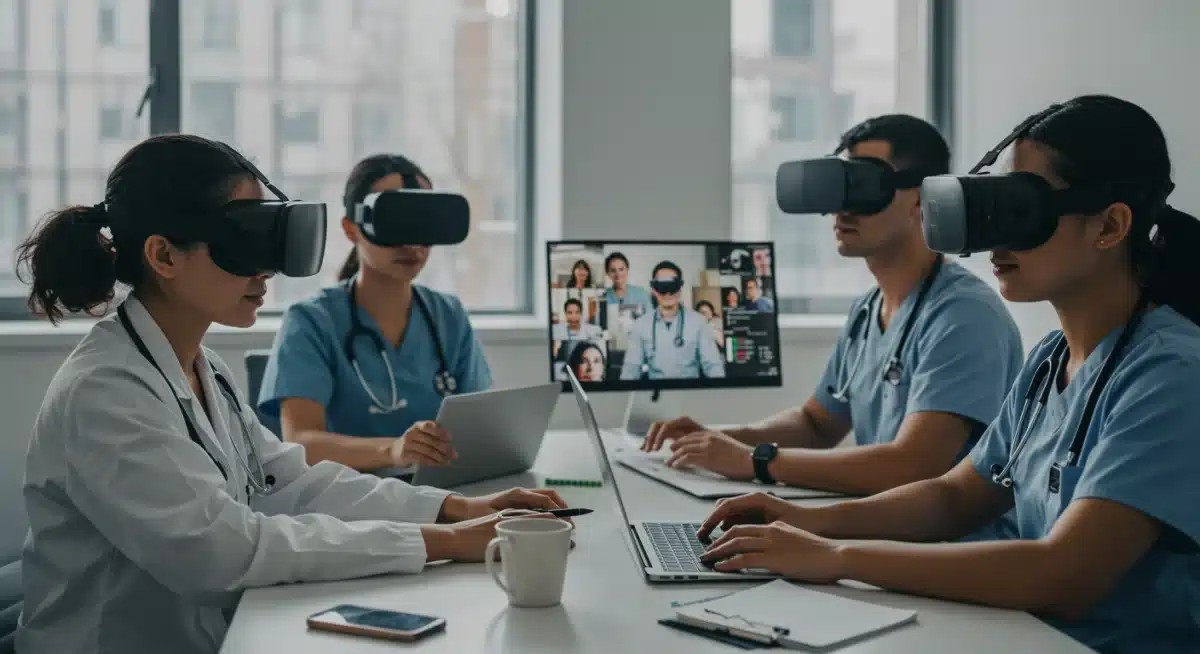 Diverse healthcare professionals participating in a virtual training session, utilizing augmented reality for advanced learning.