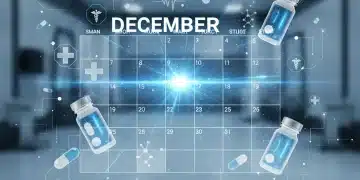 Digital calendar highlighting December with pill bottles and medical symbols, signifying upcoming 2026 MedTech prescription coverage changes.