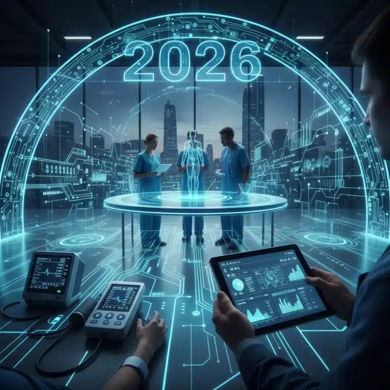 Digital healthcare ecosystem with connected medical devices and data analytics for 2026 MedTech benefits.