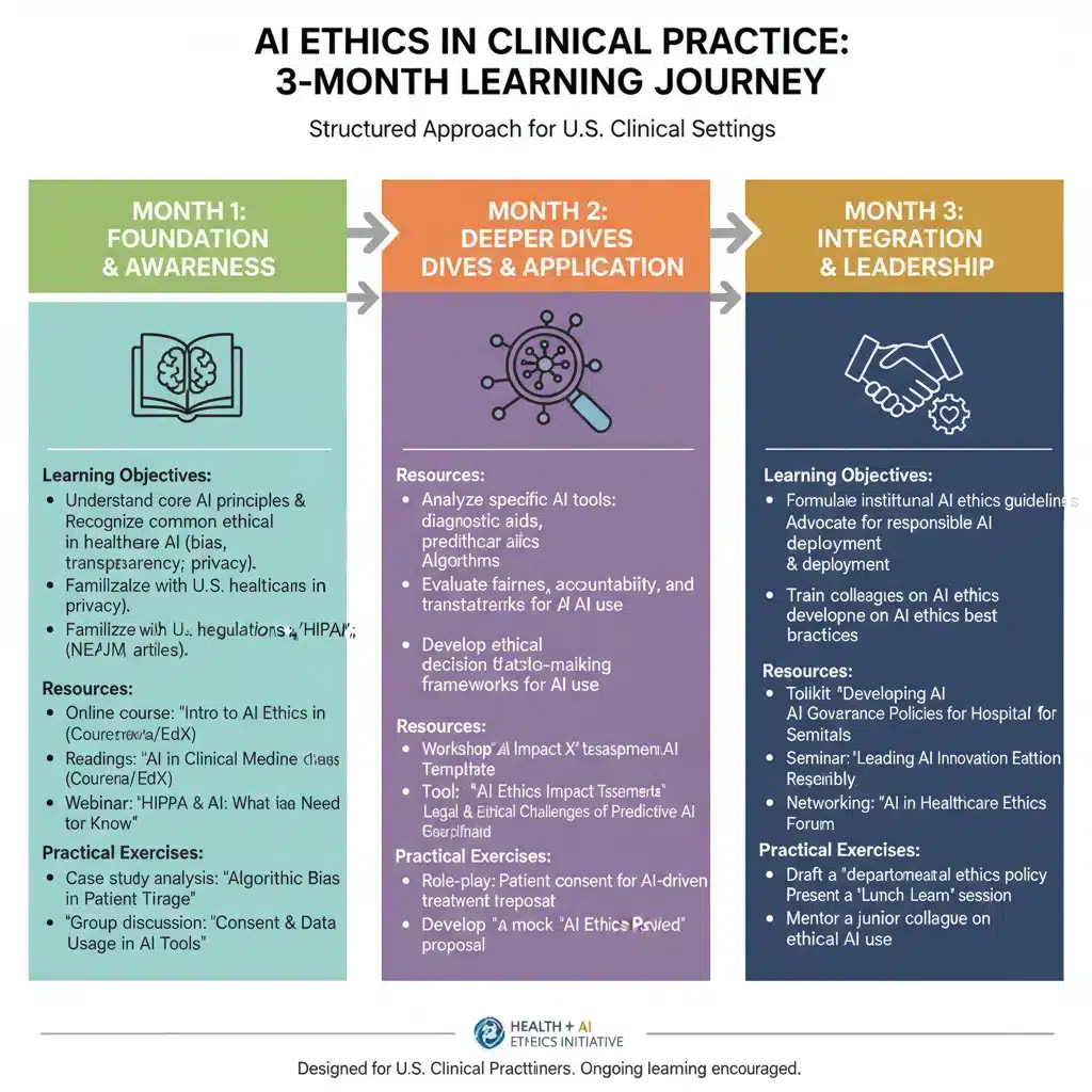 Infographic of a 3-month learning plan for AI ethics in clinical practice.