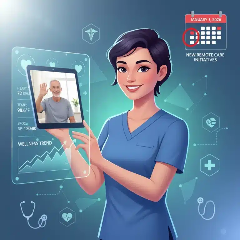 Healthcare professional reviewing remote patient monitoring data on a tablet, symbolizing new CMS reimbursement codes effective 2026.