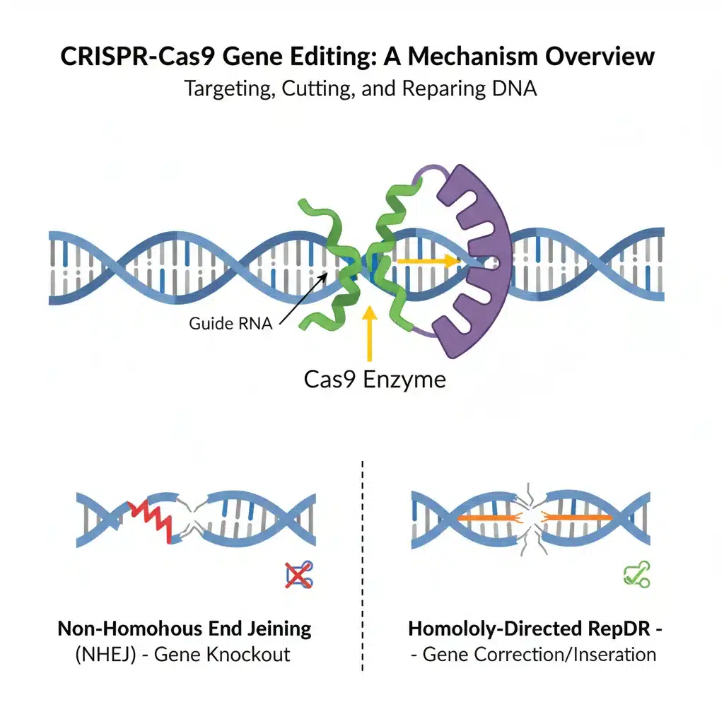 Detailed diagram explaining the CRISPR-Cas9 gene editing mechanism, showing DNA targeting and cutting by the Cas9 enzyme.