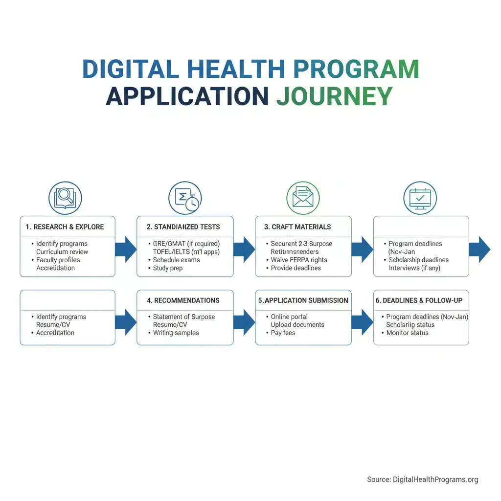 Infographic detailing the application process for digital health programs, including research, tests, and deadlines.