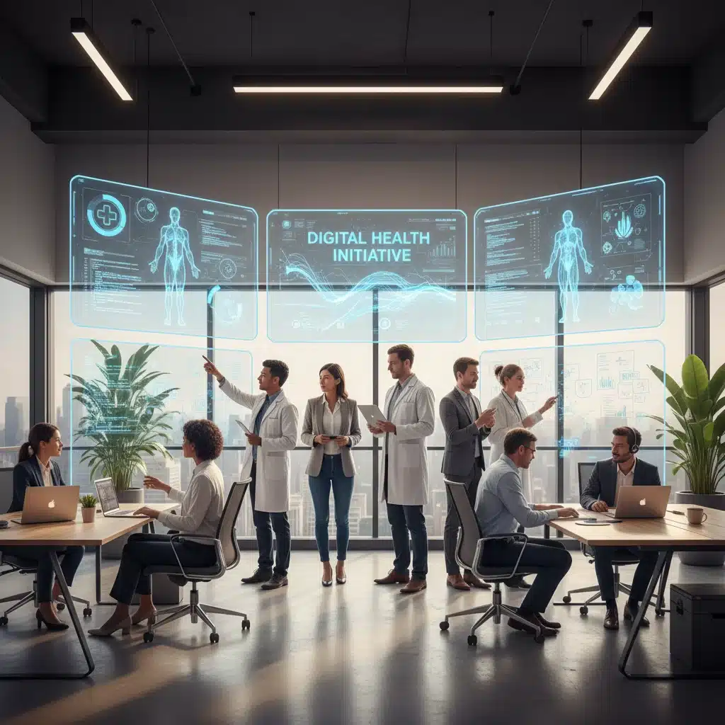 Diverse team of healthcare professionals and technologists collaborating on digital health projects in an office.