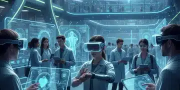 Students and professionals interacting with digital health technology in a university setting, symbolizing innovation in healthcare education.