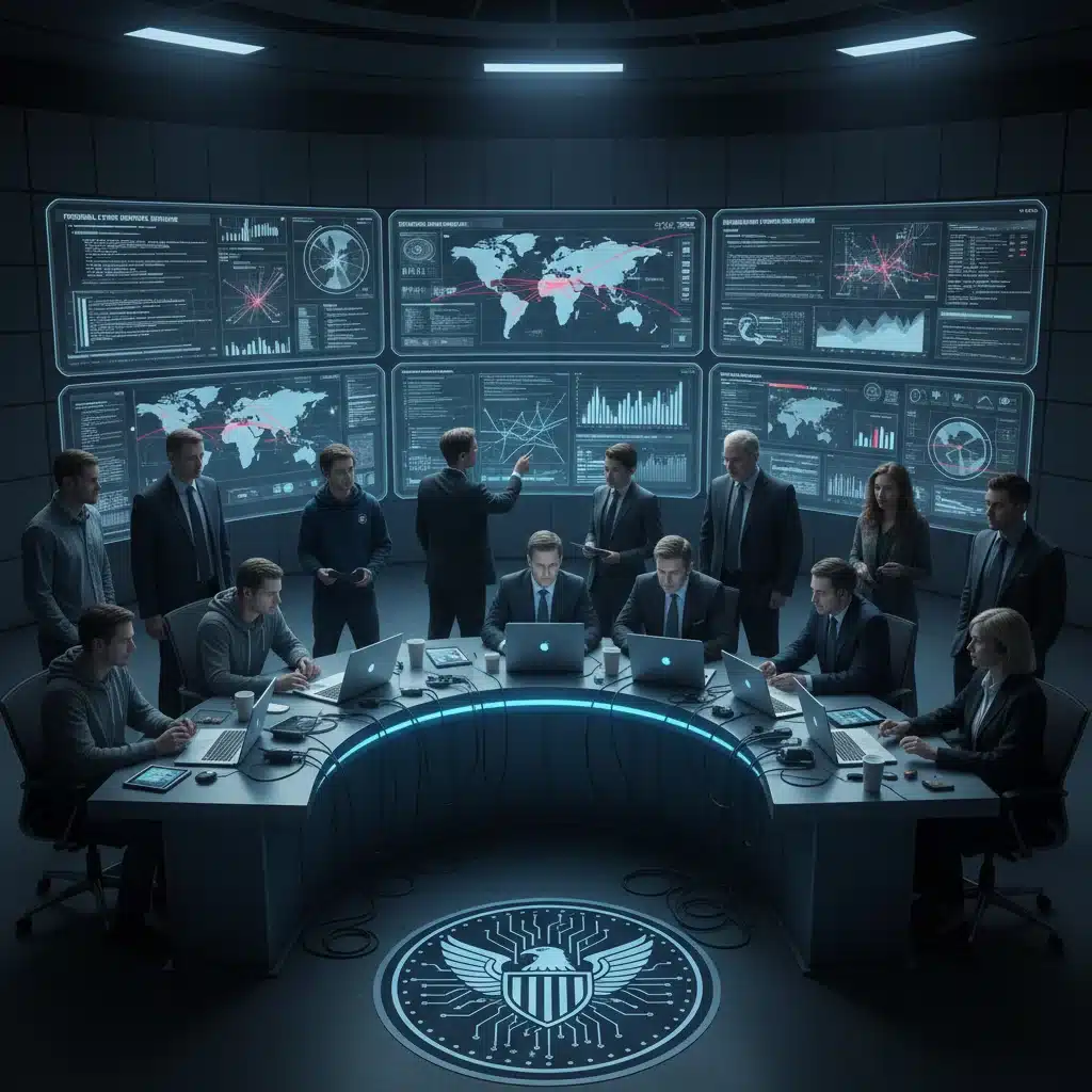 Cybersecurity and government experts collaborating in a secure operations center, strategizing against cyber threats.