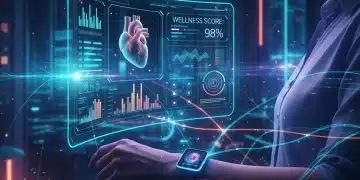 Futuristic person interacting with digital health interfaces and wearable technology