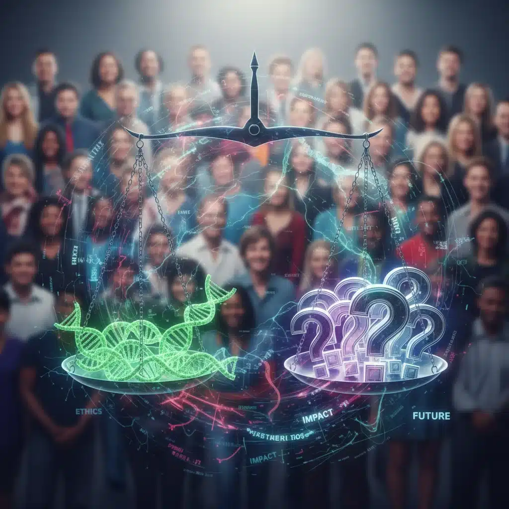 Abstract depiction of ethical dilemmas surrounding gene editing, including scales of justice and question marks, against a diverse human backdrop.