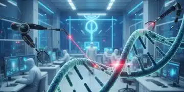 Futuristic laboratory setting with DNA strands being edited, symbolizing pharmaceutical investment in gene editing technologies.