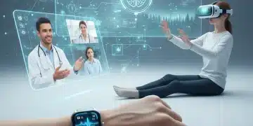 Futuristic health technology ecosystem with wearables, telemedicine, and digital health platforms.
