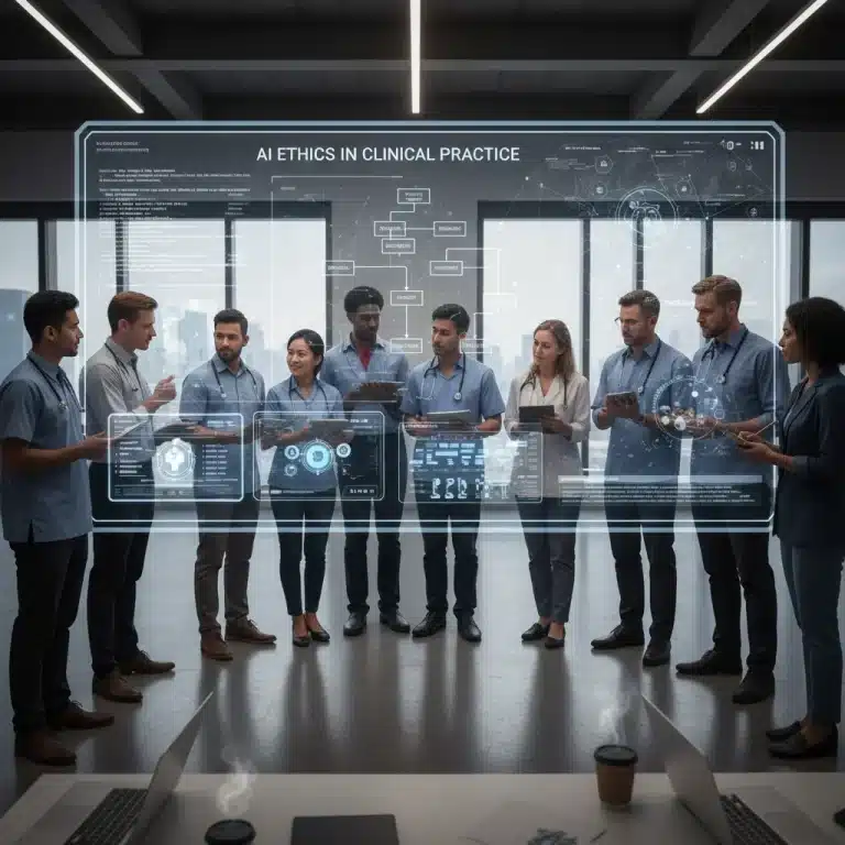 Healthcare professionals discussing AI ethics in clinical practice in the U.S.