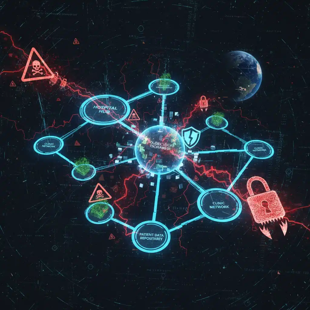 Intricate healthcare IT network facing multiple cyber threats and ransomware locks.