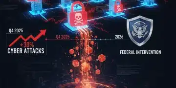 Digital illustration of healthcare data under ransomware attack, with federal response overlay.