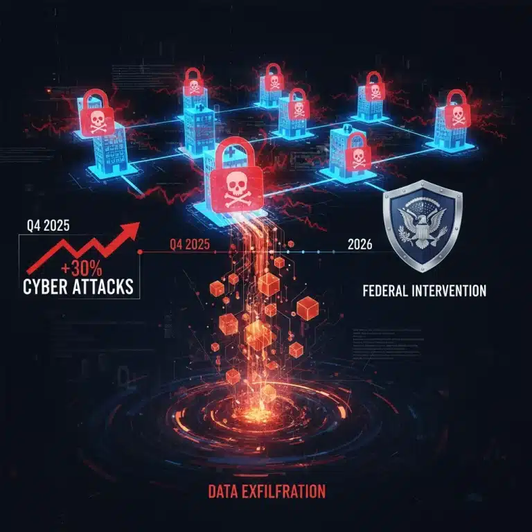 Digital illustration of healthcare data under ransomware attack, with federal response overlay.