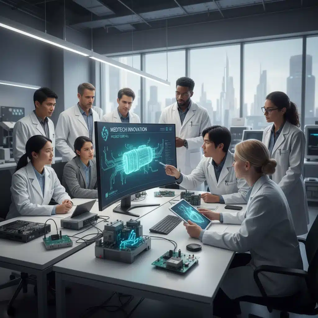 Researchers collaborating on a new medical device prototype in a modern lab.