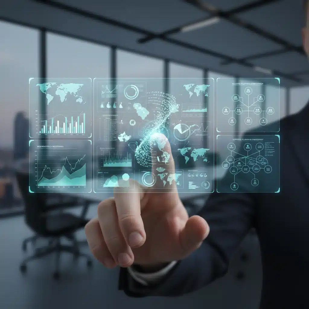 Holographic data interface showing healthcare policy and financial strategy for MedTech.