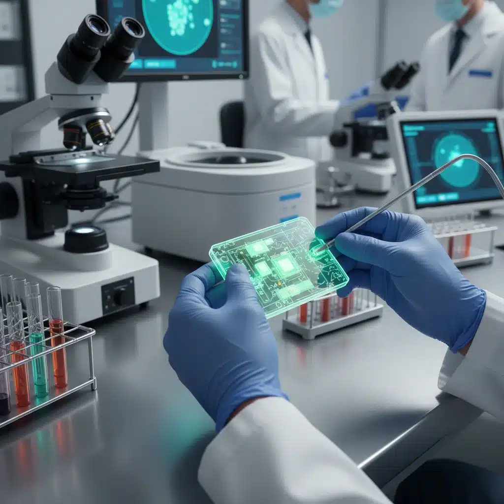 Researcher examining a medical prototype in a modern laboratory setting