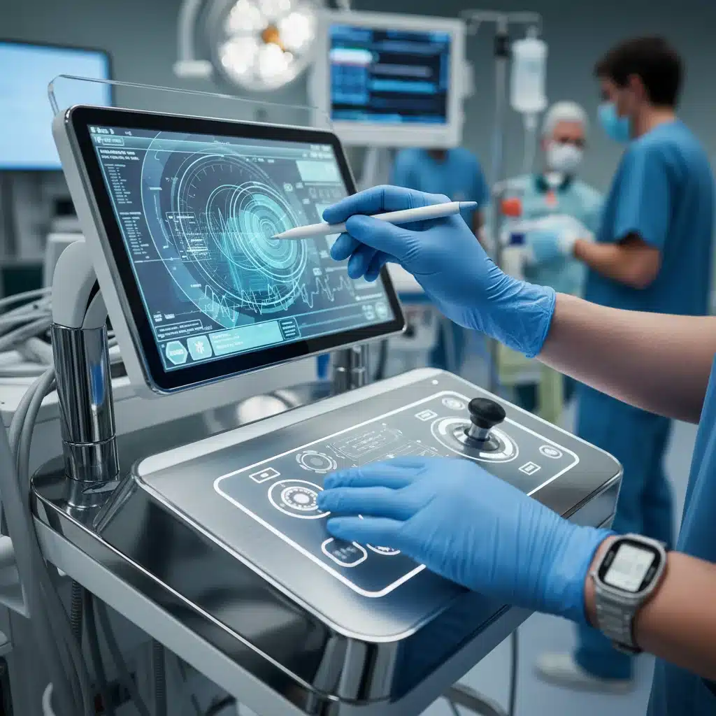 Nurse demonstrating expertise with a medical device after specialized MedTech training.