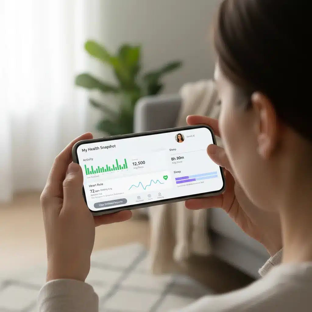 Individual analyzing personalized health data on a smartphone from wearable devices