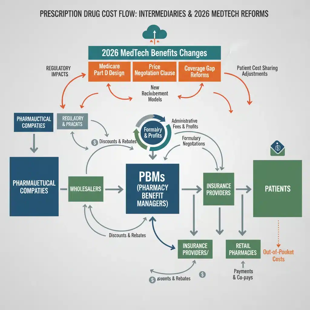 Infographic illustrating prescription drug cost flow and regulatory impacts for 2026 MedTech benefits.