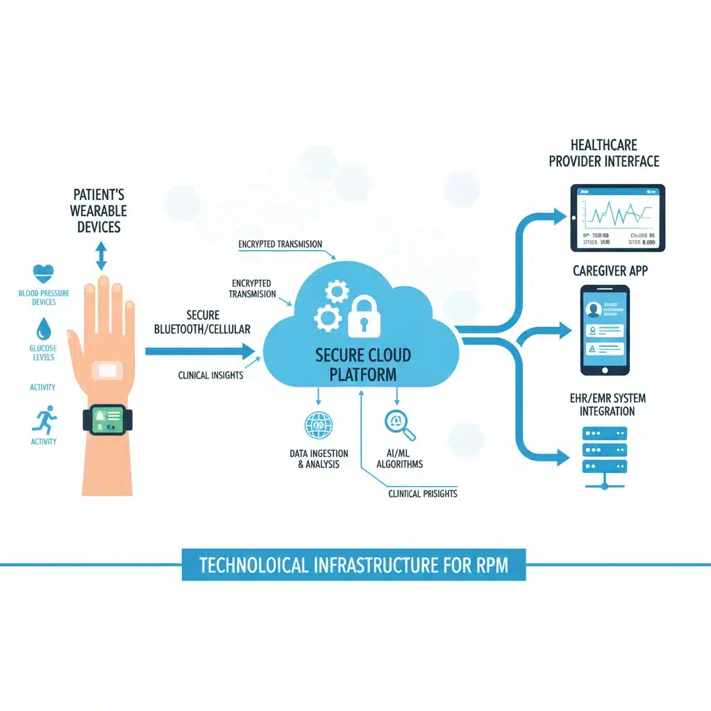 Infographic showing data flow from patient wearable devices to healthcare provider dashboards for RPM.