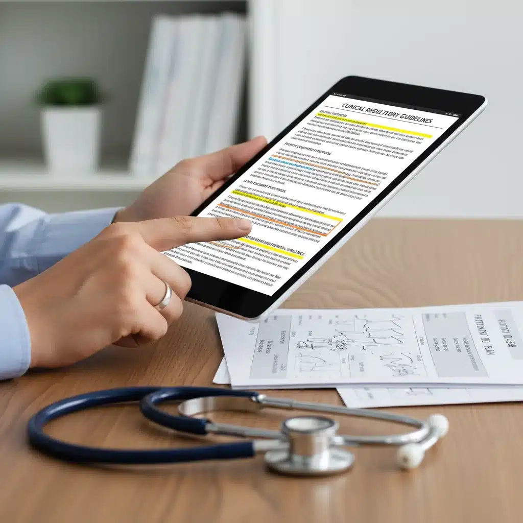 Close-up of a tablet showing medical device regulatory document with stethoscope.