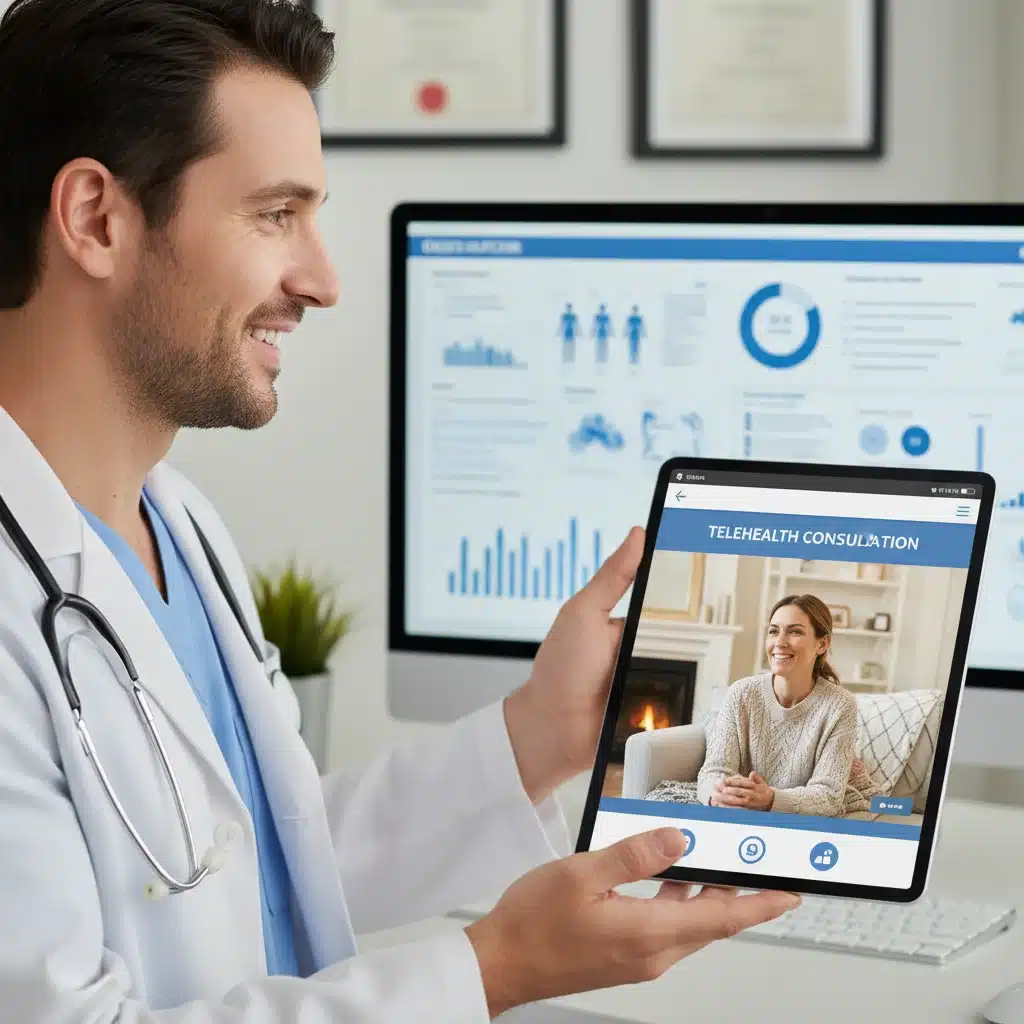 Doctor consulting patient through telemedicine video call