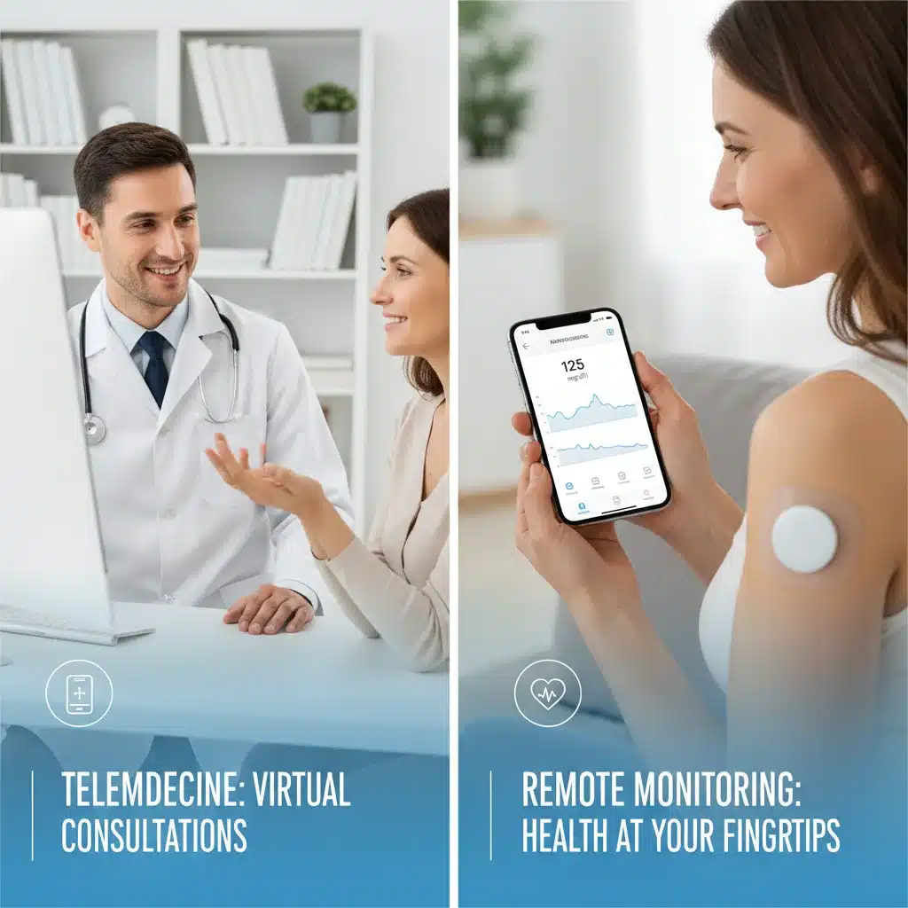 Telemedicine consultation and remote patient monitoring via mobile app.