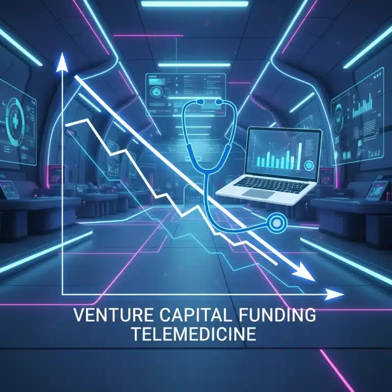 Graph showing a 20% decline in telemedicine venture capital funding, with a stethoscope and laptop.