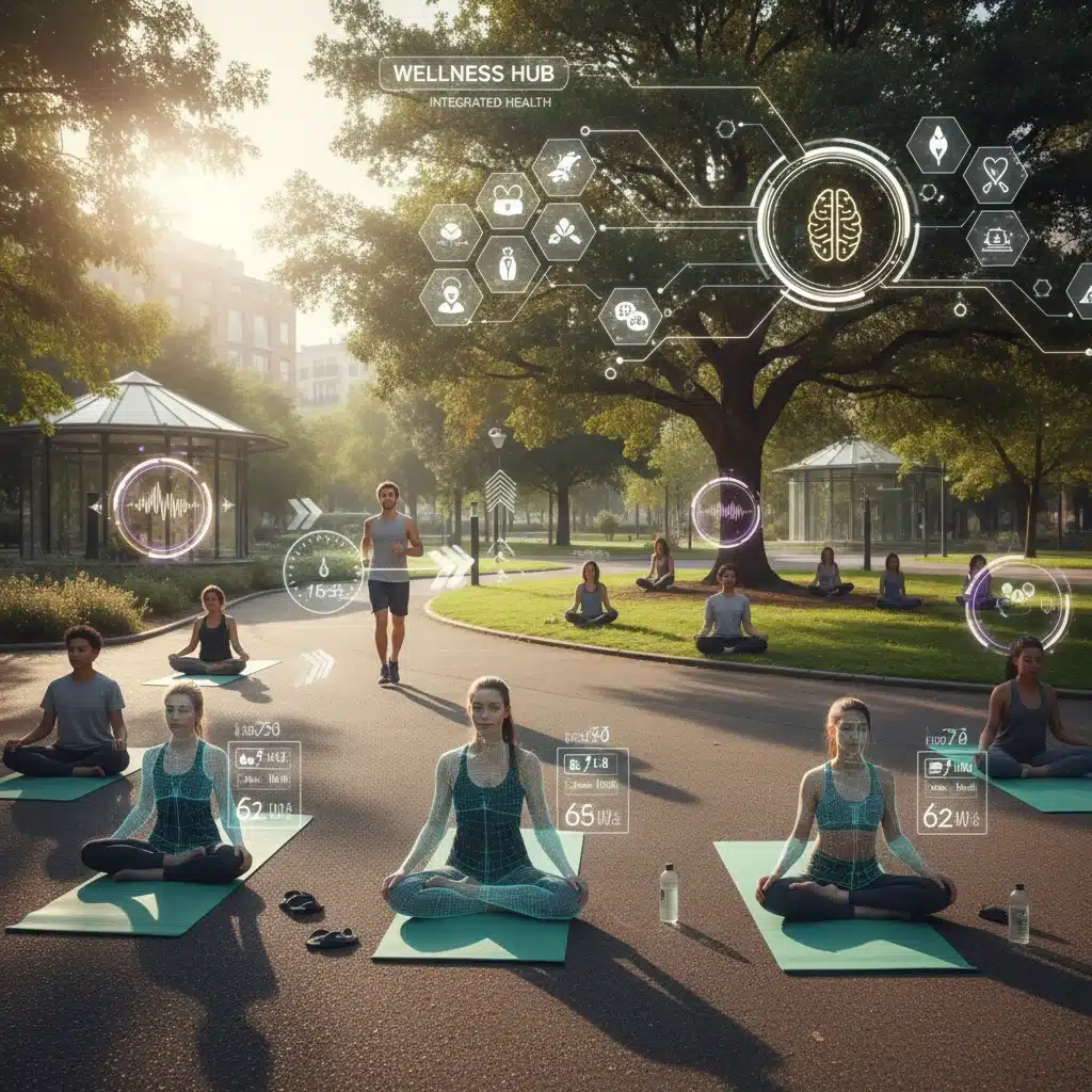 Individuals participating in tech-supported wellness programs like yoga and fitness tracking.