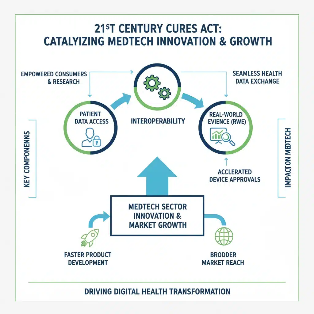Infographic detailing key components of the 21st Century Cures Act and their impact on MedTech innovation.
